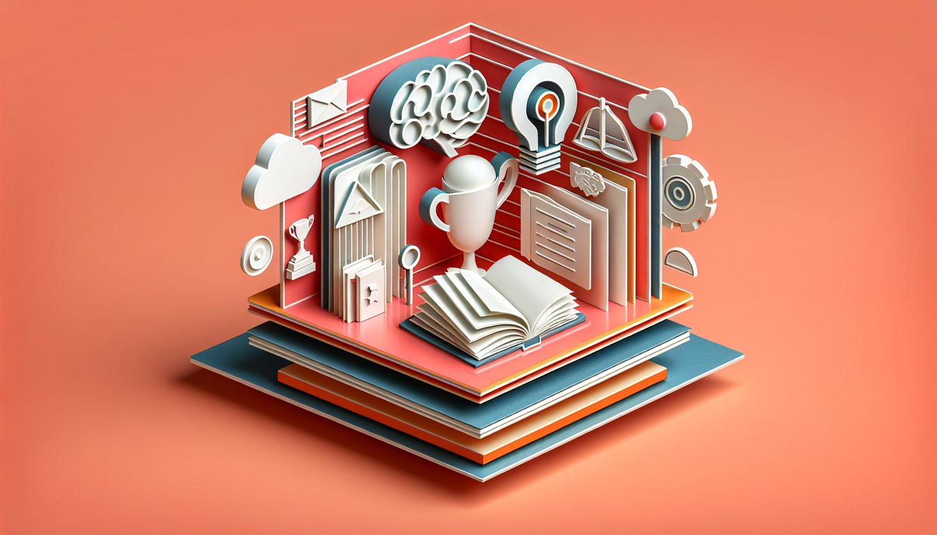 Paper art illustration of a vocabulary quiz with books flashcards word bubbles on coral background
