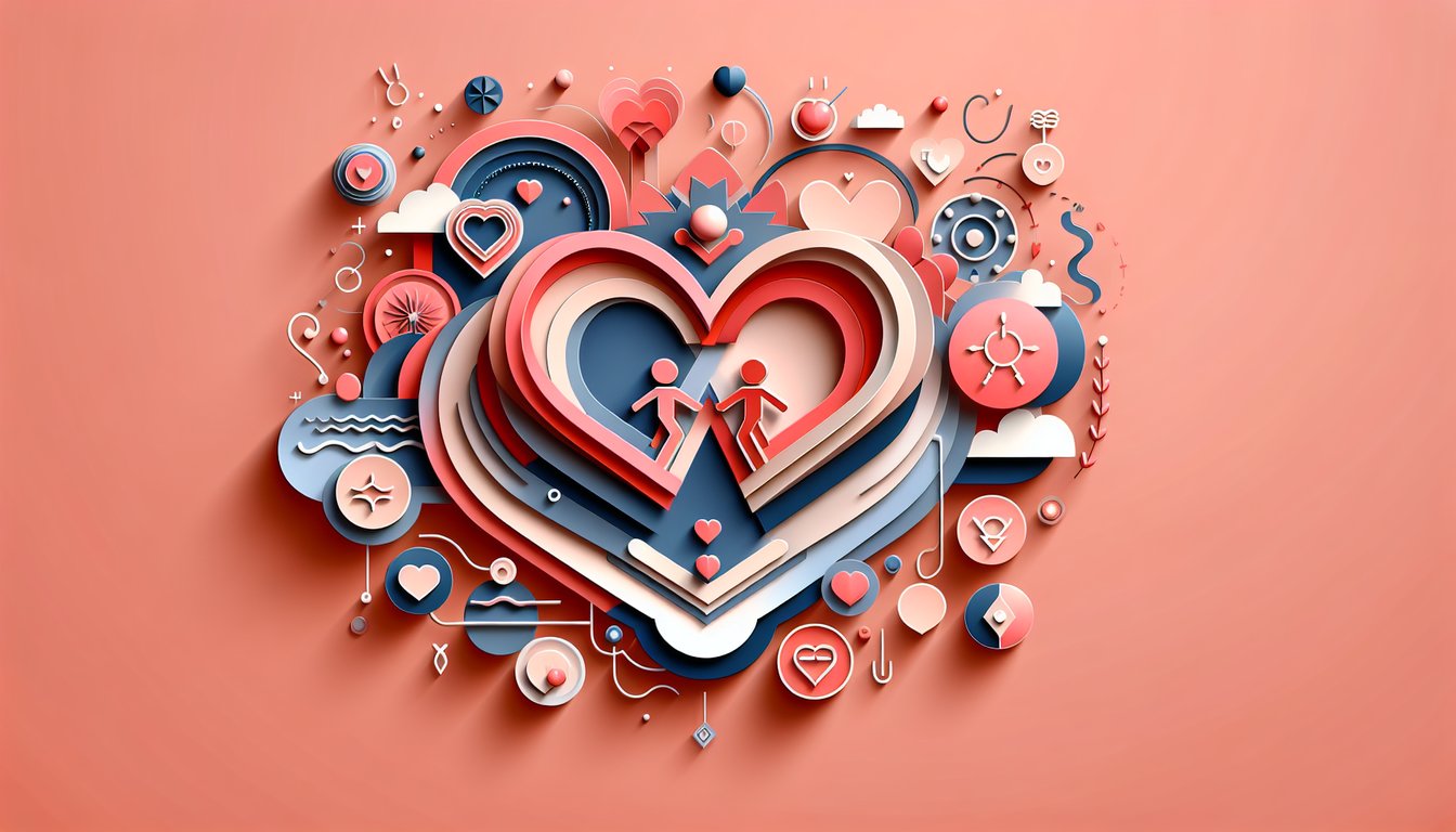 Paper art illustration showing layered couple silhouettes hearts flowers on coral background for relationship style quiz