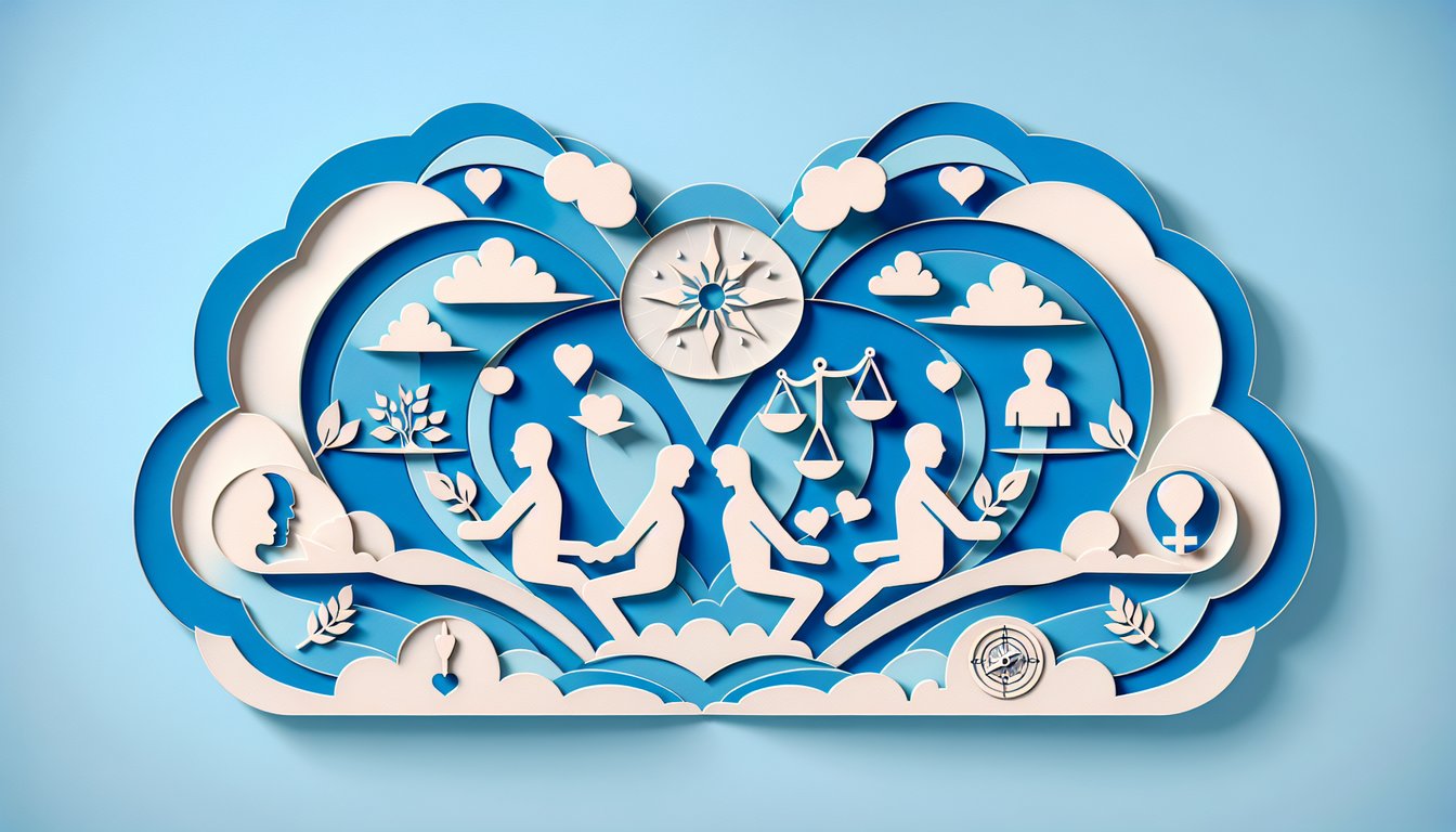 Paper art couple with puzzle piece hearts on sky blue background representing a free marriage readiness quiz