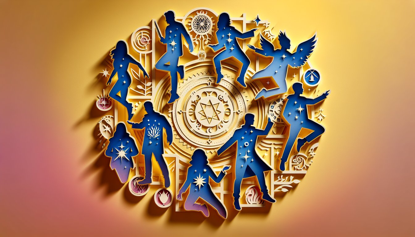 Paper art illustration for Black Clover quiz showing magic squad emblems on golden yellow background