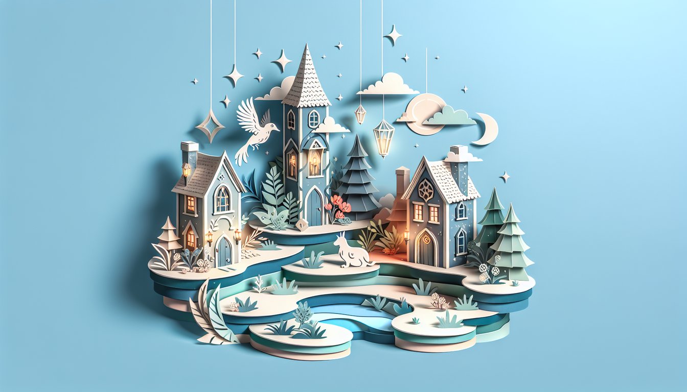 Paper art illustration for Ilvermorny house quiz on sky blue background