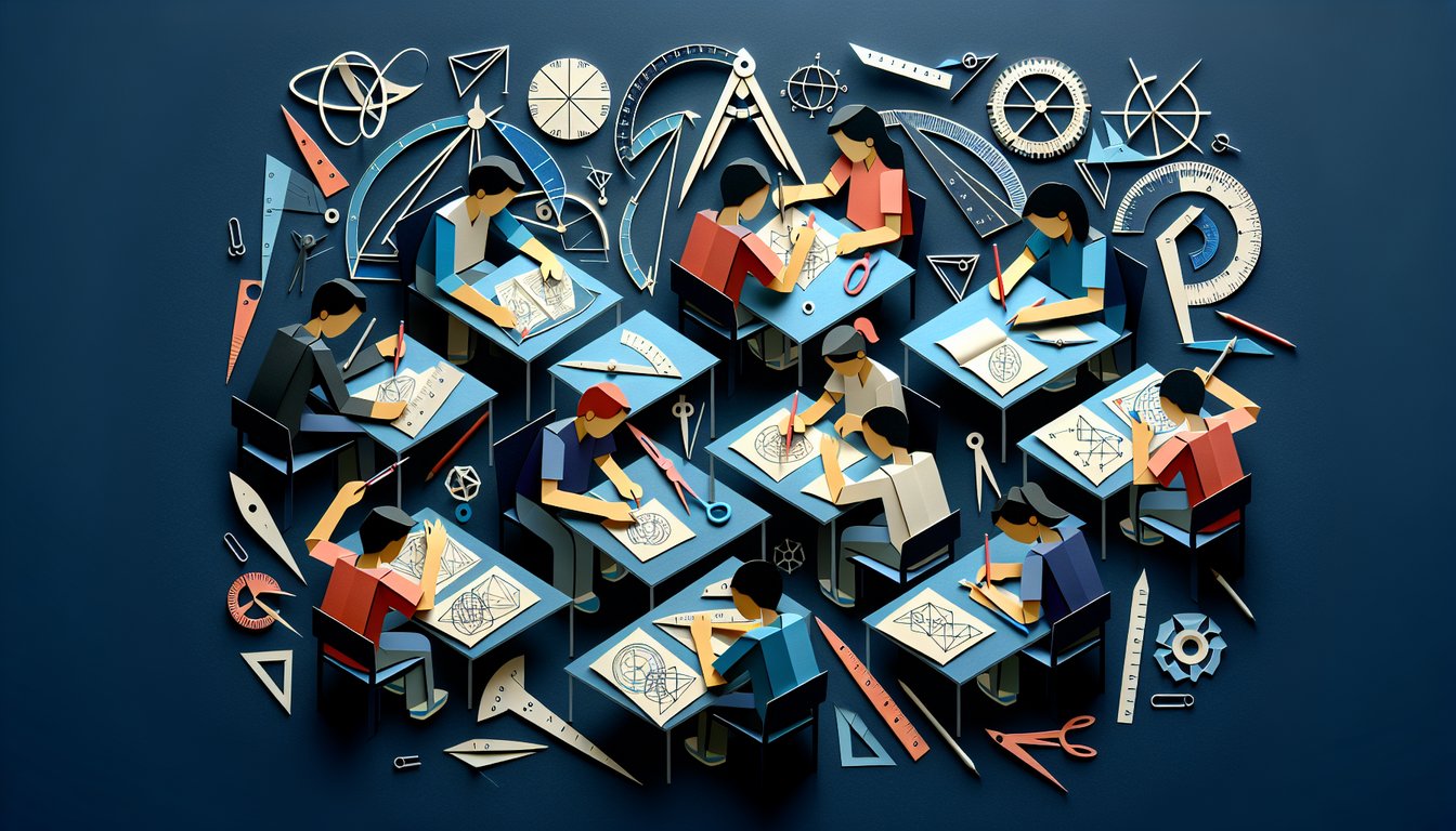 Colorful paper art promoting Geometry Genius Quiz for high school students.