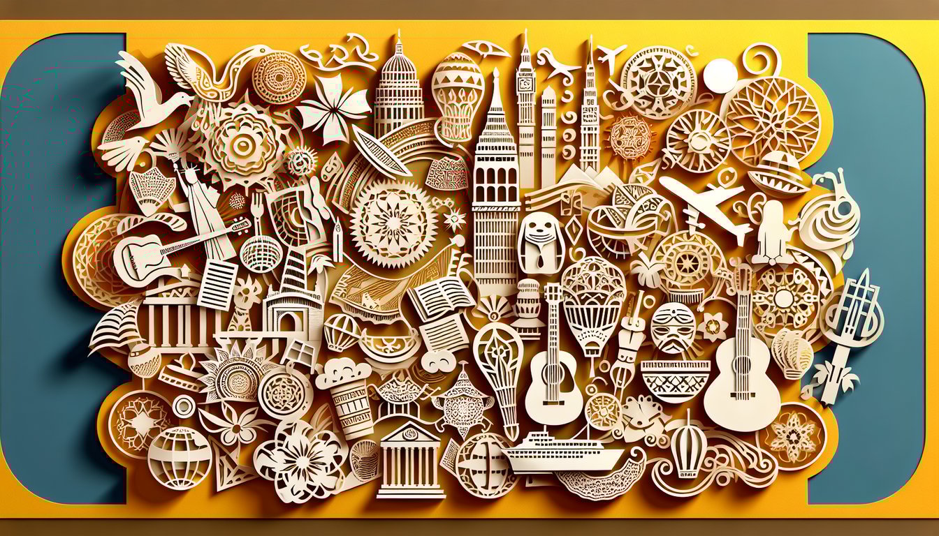 Cultural IQ self-assessment quiz paper art illustration on a golden yellow background