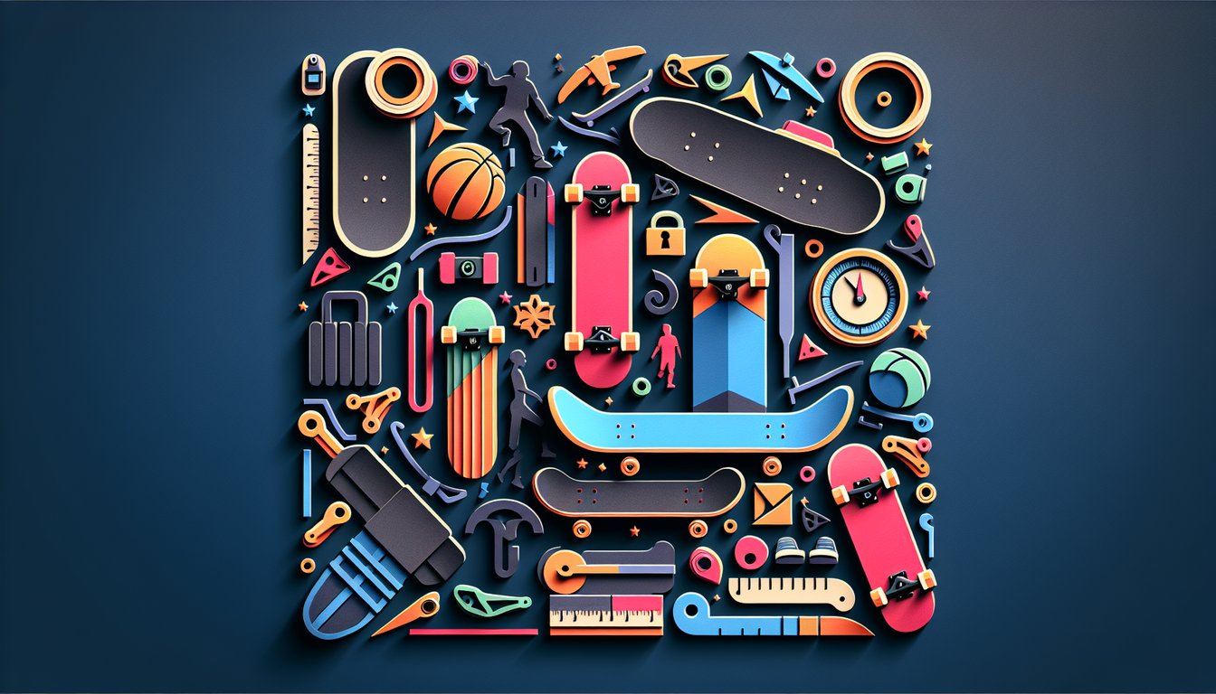 Paper art style skateboard, height weight and style icons on dark blue background for sizing quiz