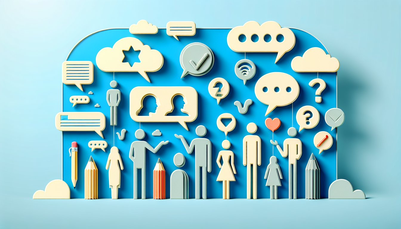 Paper art style speech bubbles, connecting lines on sky blue background hinting at a communications style quiz