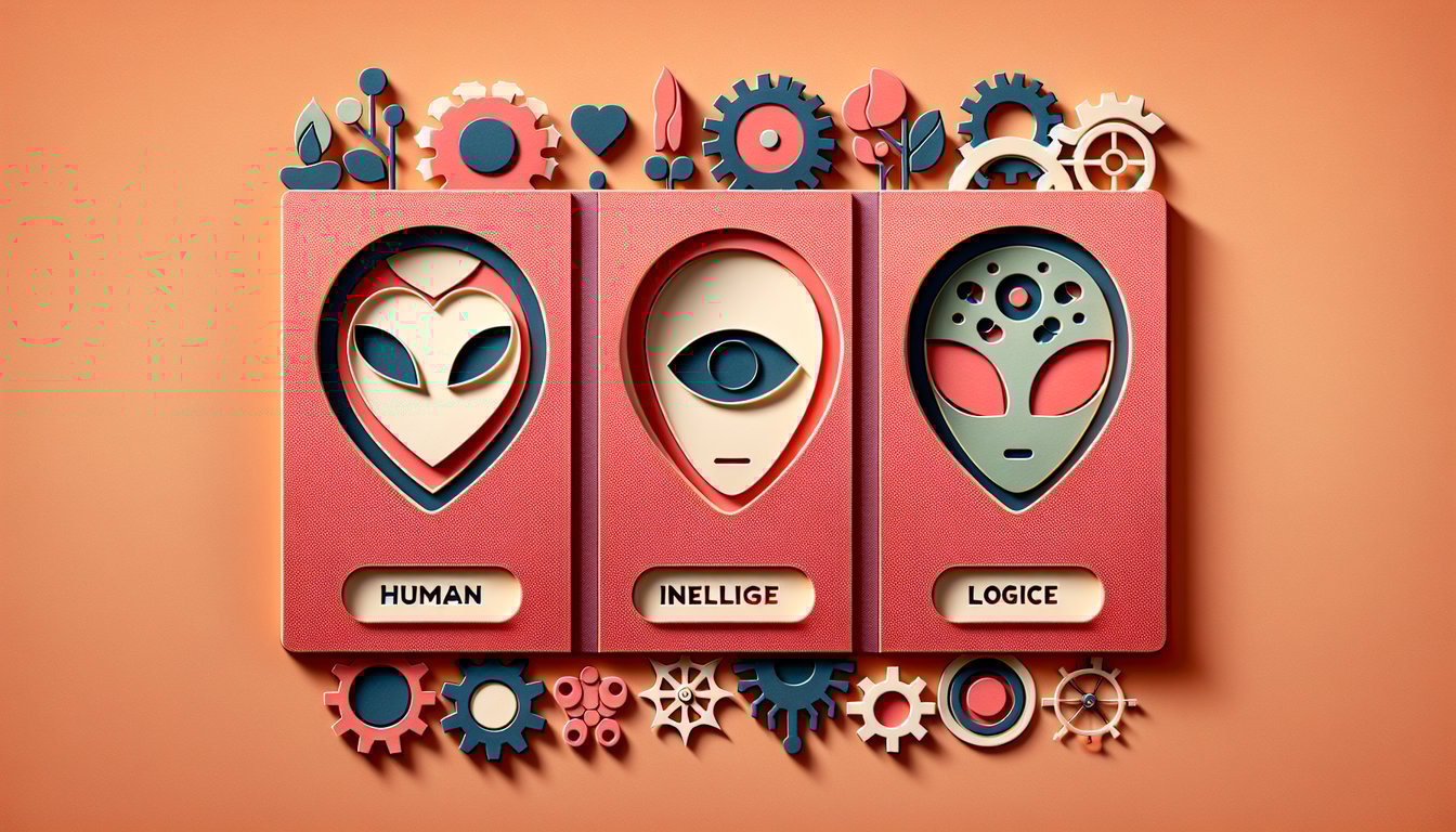 Paper art collage on coral background features human face with heart, alien head with big eyes, robot head with gears.