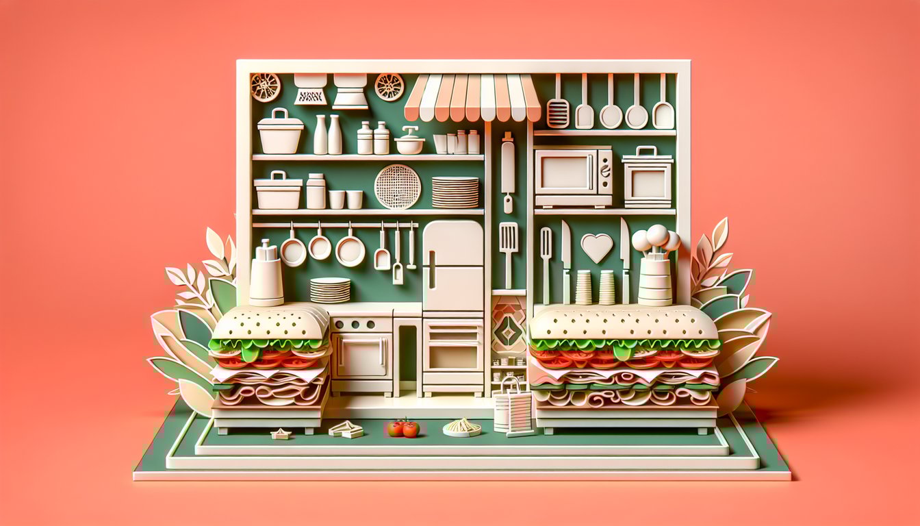 Paper art Firehouse Subs employee quiz on coral background with fire engine tools menu icons and sandwich graphics