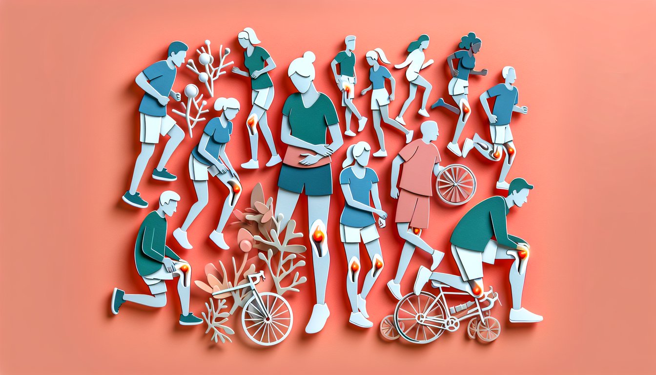 Paper cut illustration of a knee joint with question marks and pencil on coral background for knee pain quiz