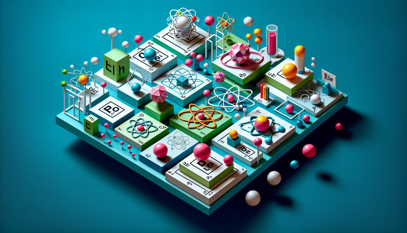 Paper art illustration of atom models electrons protons periodic table icons test tubes on teal background