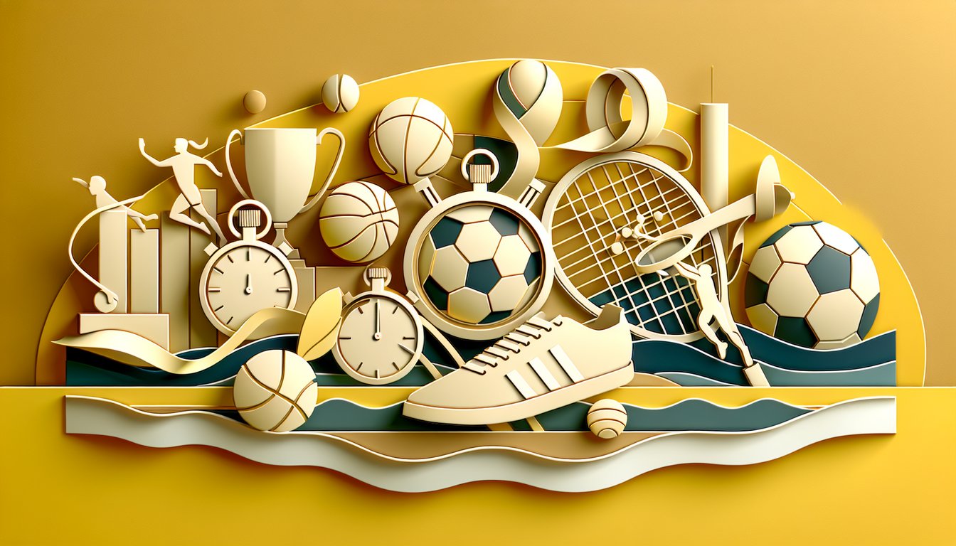 Paper art illustration with sports equipment icons and what athlete are you quiz banner on golden yellow background