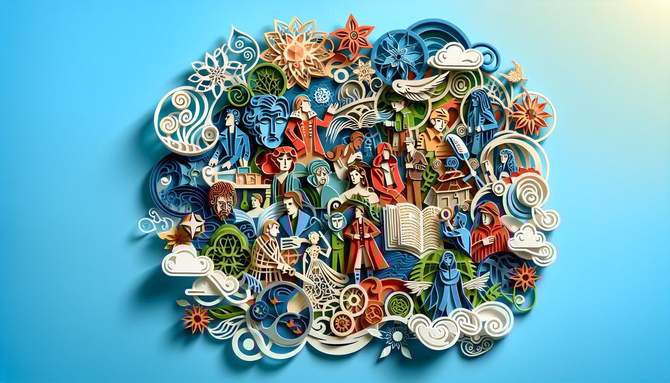 Paper art book pages and quiz symbols float on sky blue backdrop for Define Normal novel quiz.