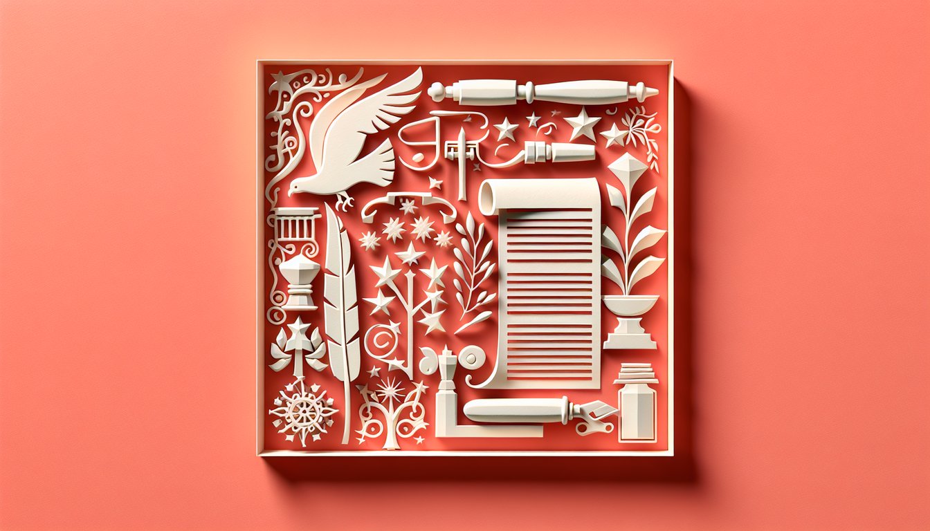 Paper art illustration of Declaration of Independence quiz with scroll, quill, signer icons on coral background