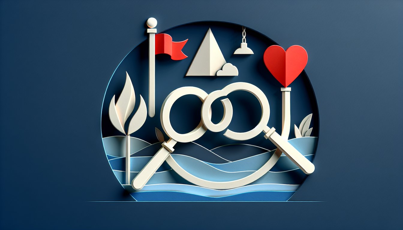 Paper art illustration of a couple with a broken heart puzzle piece and red warning flags on a dark blue background