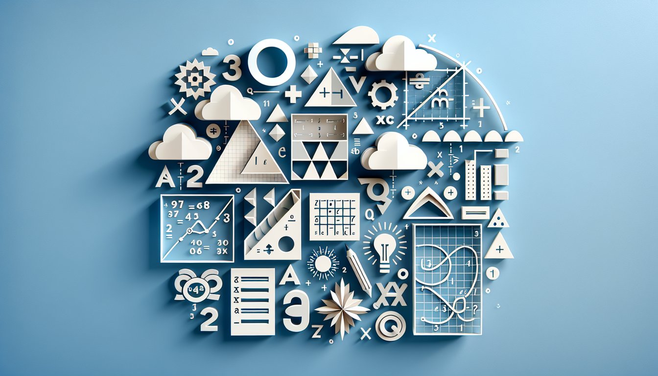 Paper art style shapes on sky blue background featuring factoring trinomials quiz theme with quadratic expressions