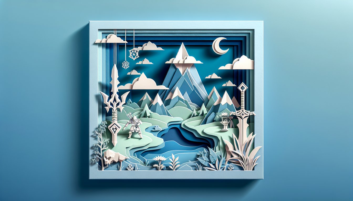 Paper cut art with hunter silhouette, beasts and weapons, quiz title and blood drop accents on sky blue background