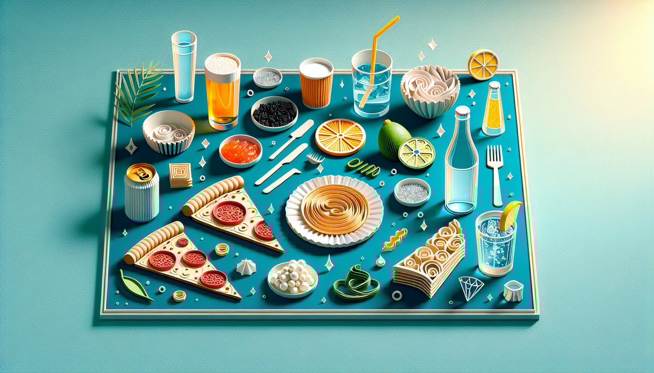 Paper art illustration for a food personality quiz on a teal background