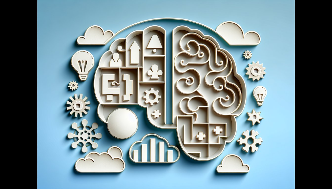 Paper art brain gears question marks floating on sky blue background for genius personality quiz challenge