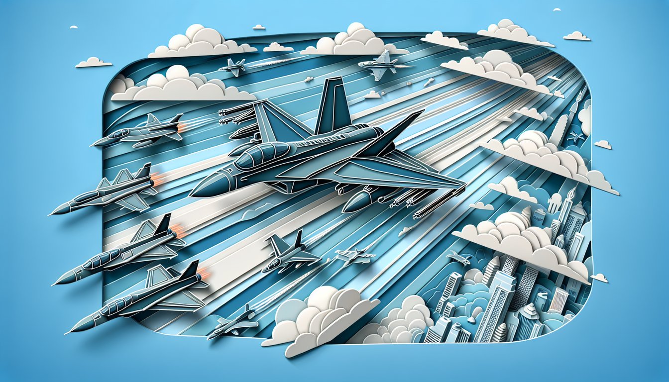 Paper art fighter jet soaring over sky blue background with challenge yourself free fighter jet quiz testing air combat IQ