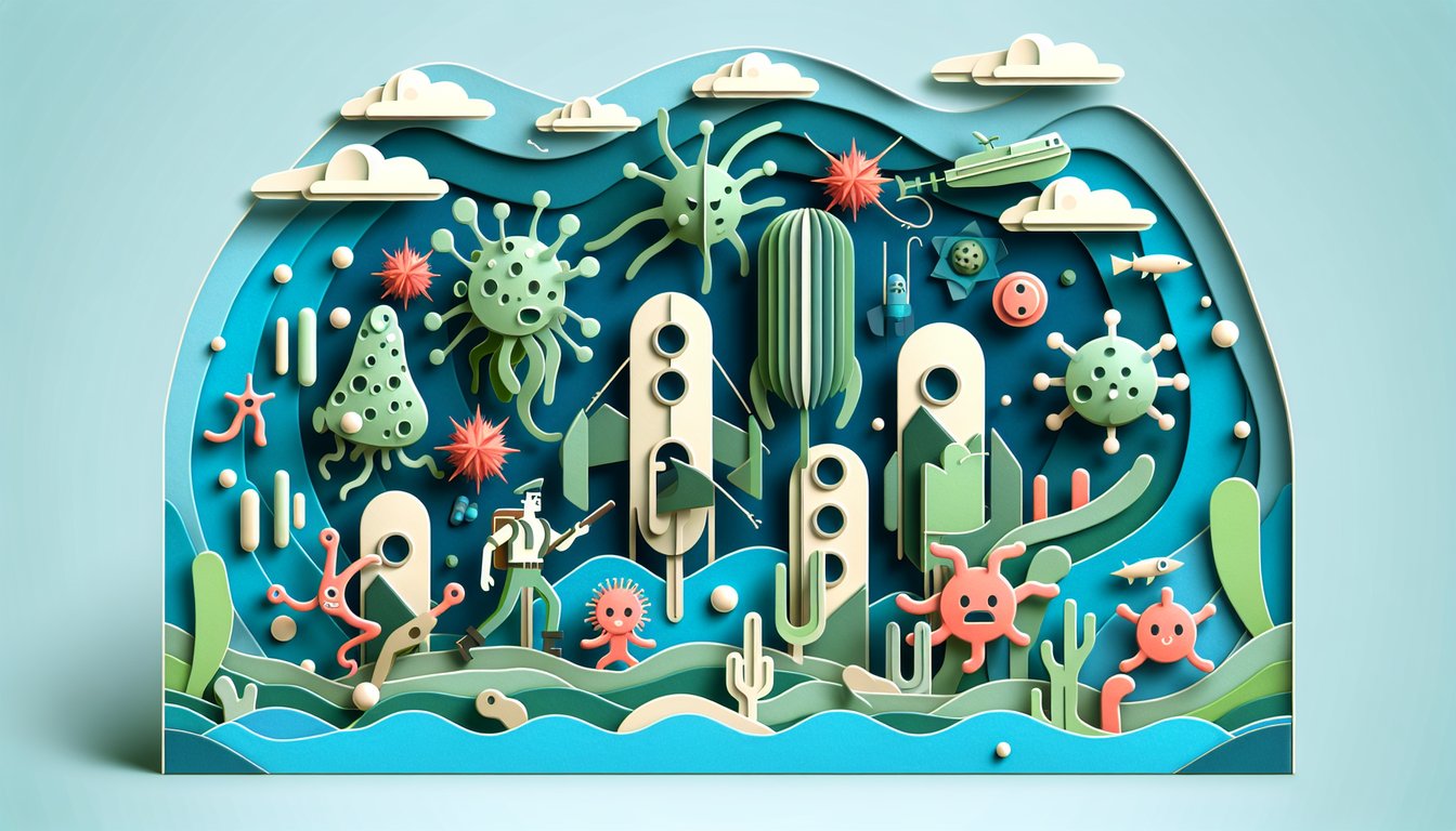 Paper art showing cells and white blood cell hero on teal background with Osmosis Jones quiz text adventure challenge