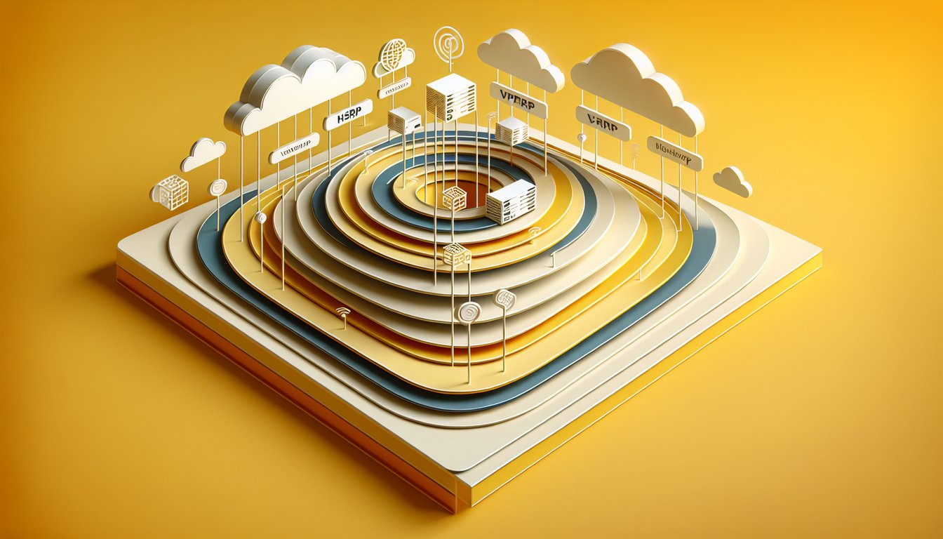 Paper art illustration of network devices and icons representing HSRP VRRP and GLBP quiz on golden yellow background
