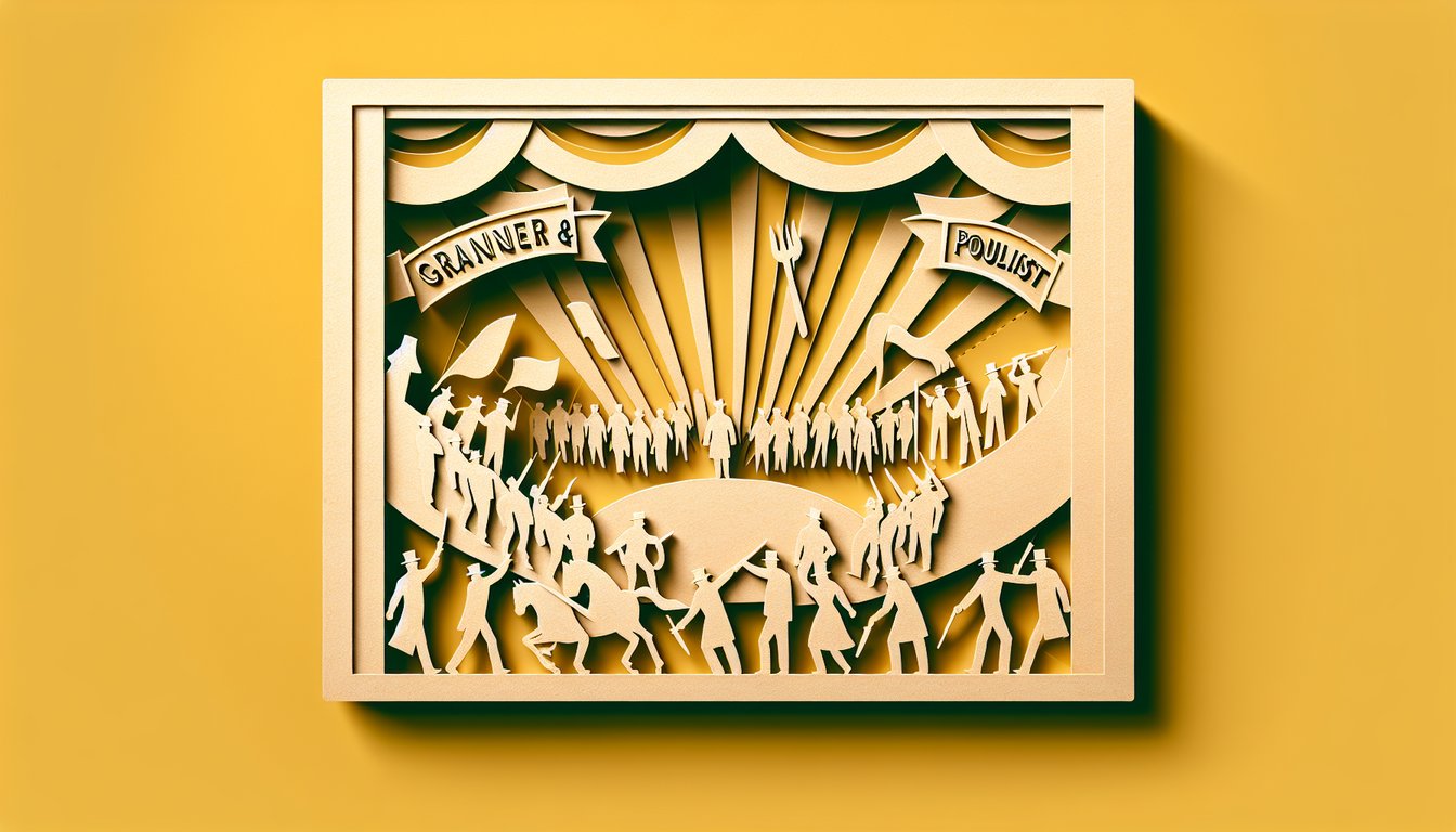 Paper art collage of farmers tools and speech bubbles on golden yellow background for Granger and Populist quiz
