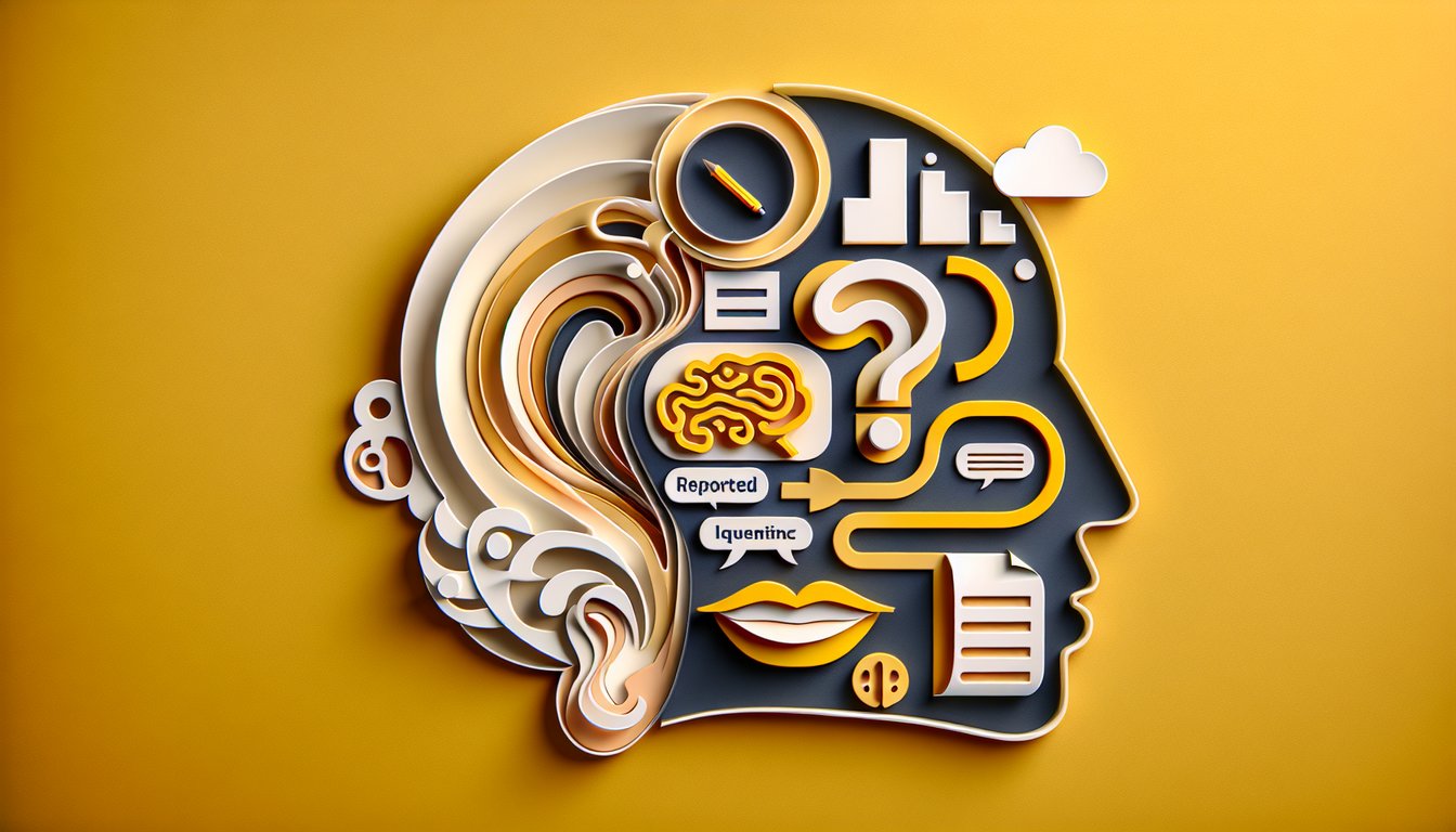 Paper art illustration for a quiz on reported speech and indirect questions on a golden yellow background