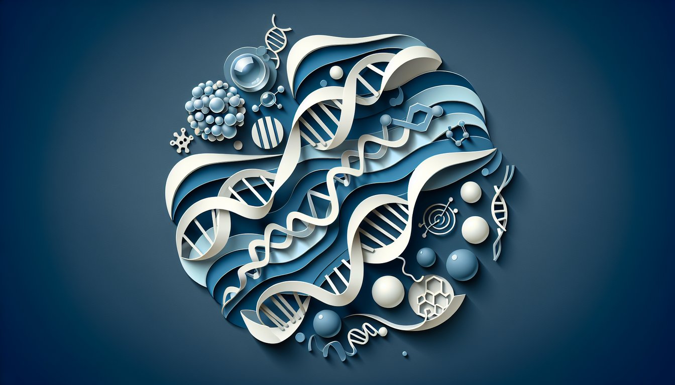 Paper art style DNA helix ribosome protein icons on dark blue background for free molecular biology MCQ quiz