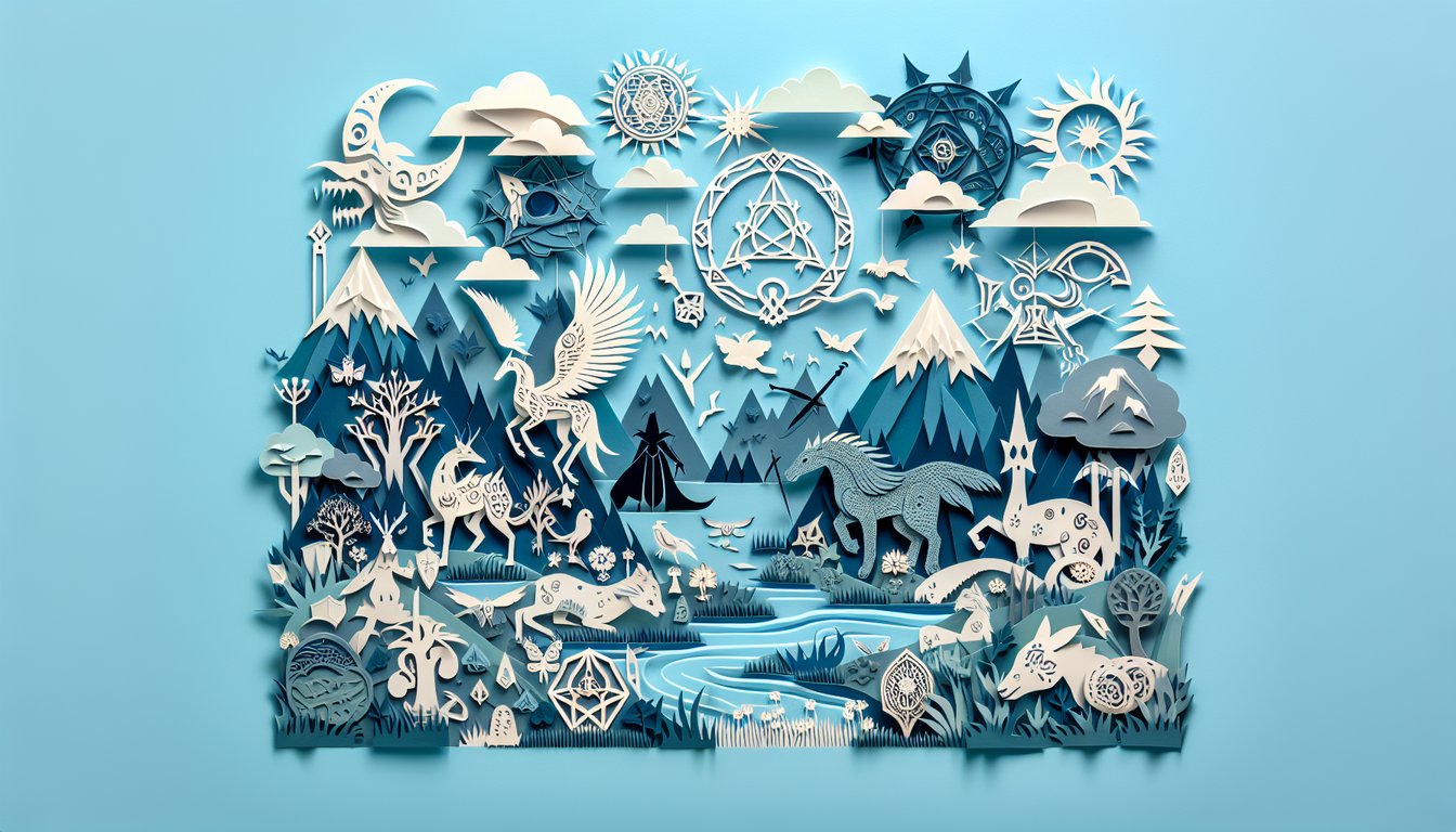 paper art witcher 3 quiz with layered wild hunt emblem hearts of stone icon wolf medallion sword on sky blue background