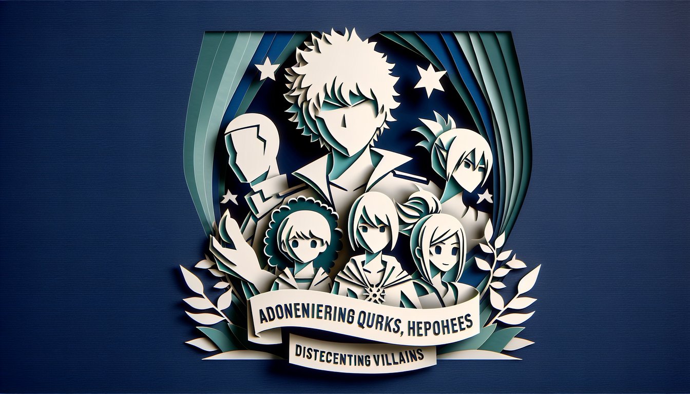 Paper art illustration for MHA quiz testing knowledge of quirks, heroes, villains on dark blue background