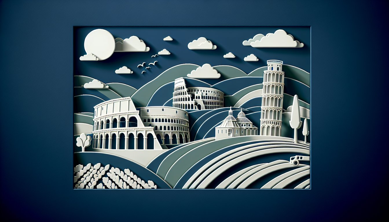 Paper art quiz illustration featuring Rome and Tuscany landmarks on a dark blue background