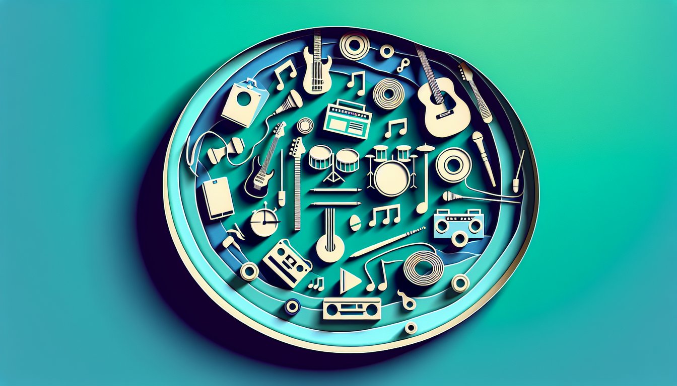 Paper cut art guitar, microphone, vinyl record and grunge symbols on teal background for a Nirvana song personality quiz.
