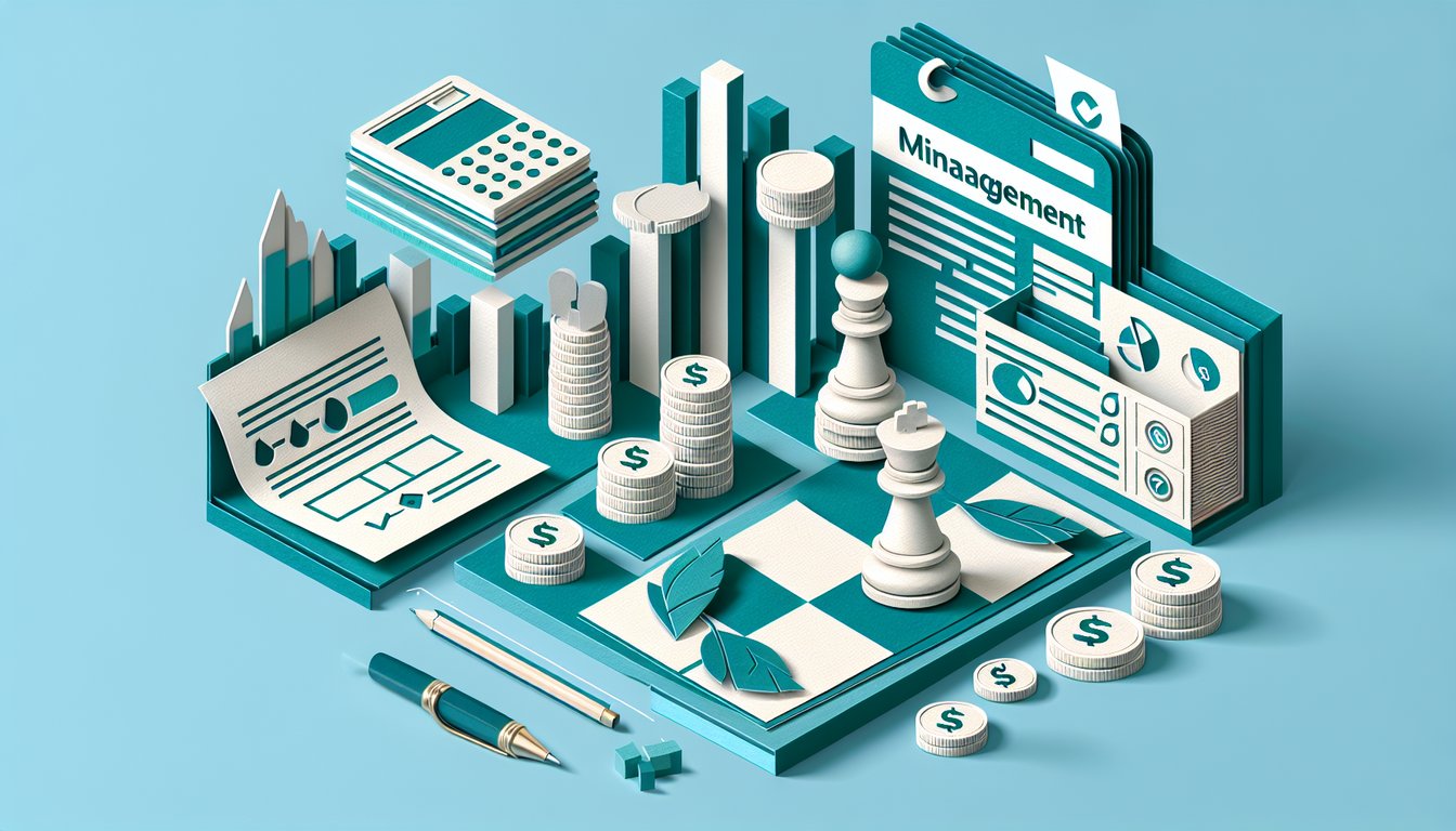 Paper art style icons of calculator coins upward arrow and piggy bank on teal background for financial management quiz
