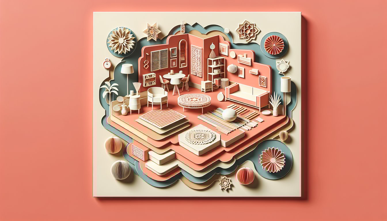 Paper art illustration of color swatches, furniture, geometric shapes on coral background for interior design quiz