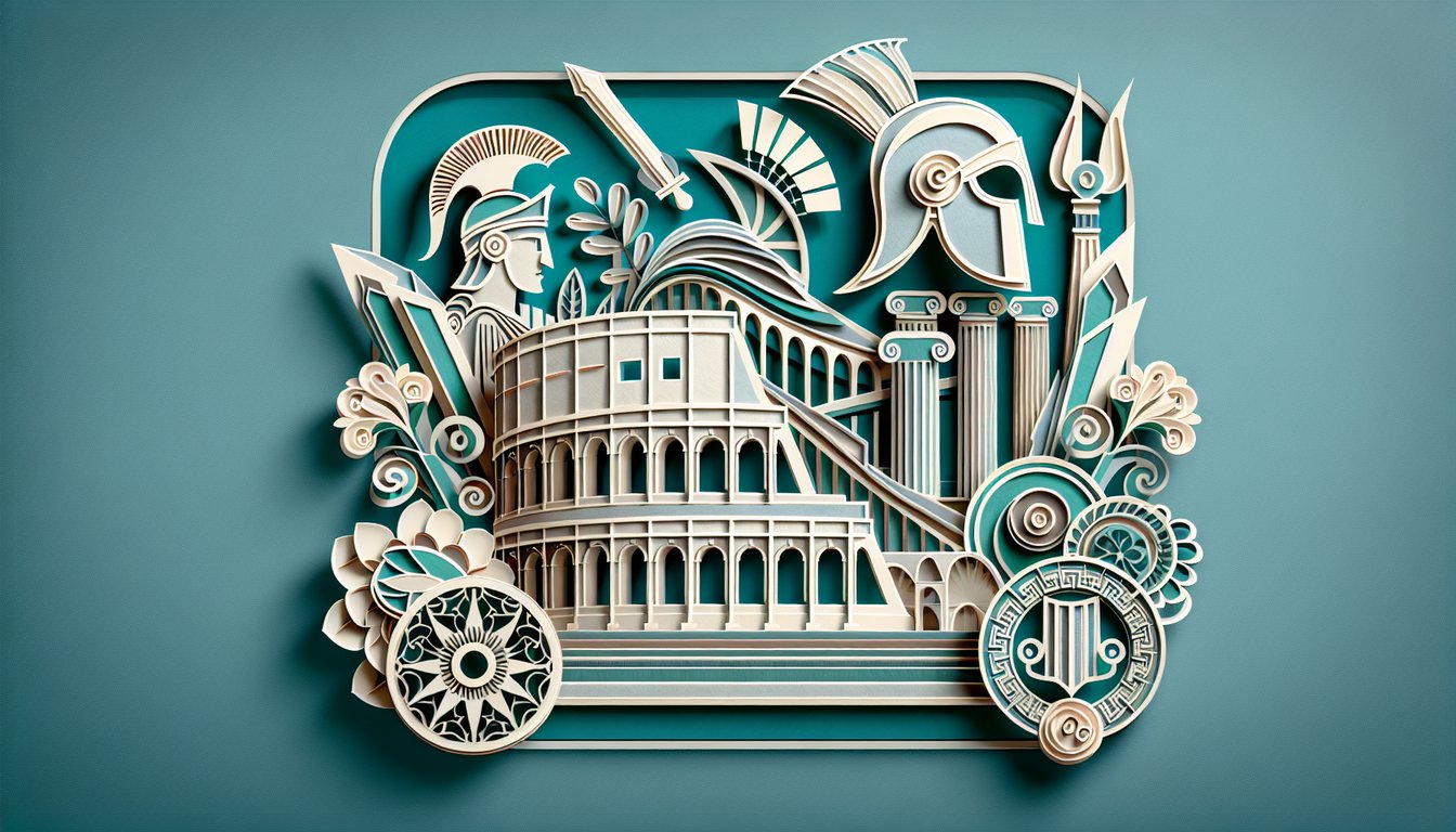 Paper art illustration of Julius Caesar bust with laurel wreath and roman column fragments and quiz title on teal background