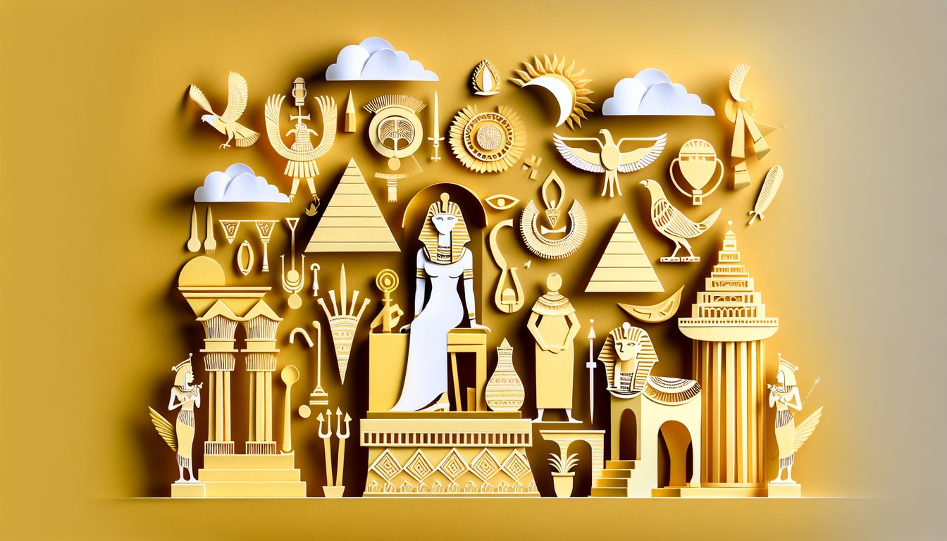 Paper art Cleopatra portrait with Egyptian crown and hieroglyph accents on golden yellow background for trivia quiz.