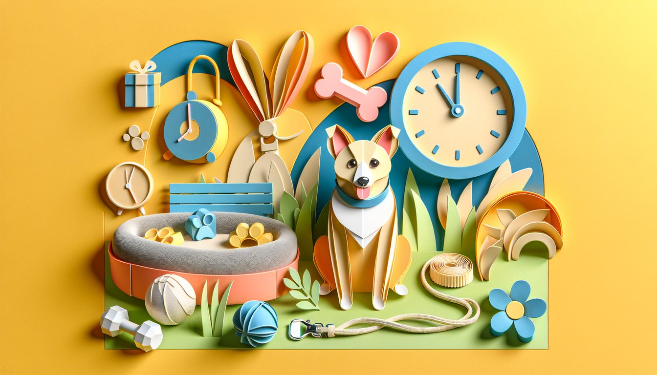 Paper art illustration for quiz on dog separation anxiety test on golden yellow background