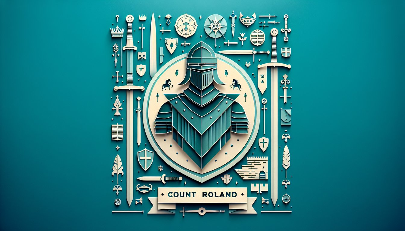 Paper art illustration showing Count Roland in armor raising a sword alongside bold quiz title text on teal background.