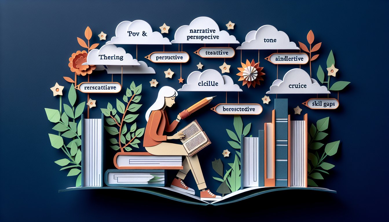 Colorful paper art promoting POV and Tone Check practice quiz for high school literature students.