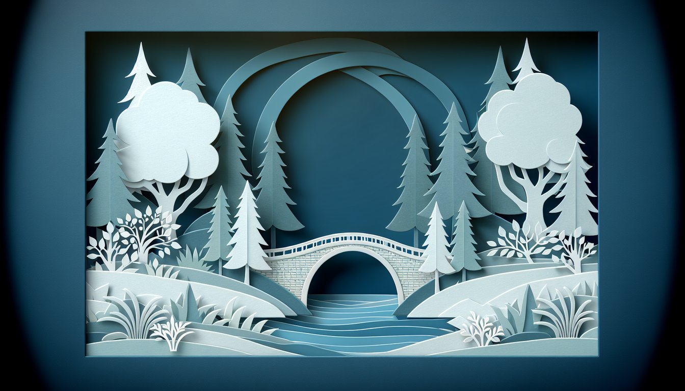 paper art illustration for Bridge to Terabithia trivia quiz on dark blue background with stylized trees and bridge shapes