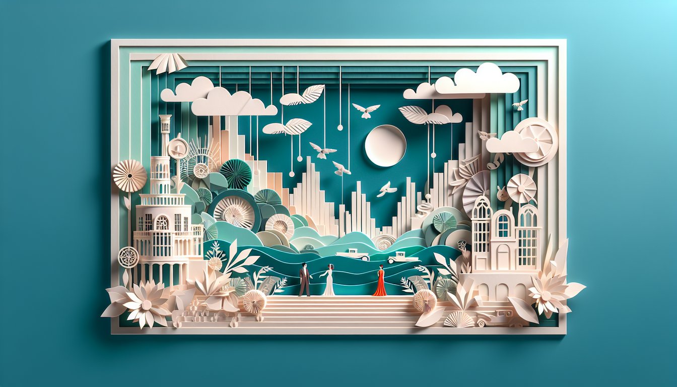 Paper art illustration featuring Gatsby symbols car watch book feather on teal background for Chapter 4 quiz