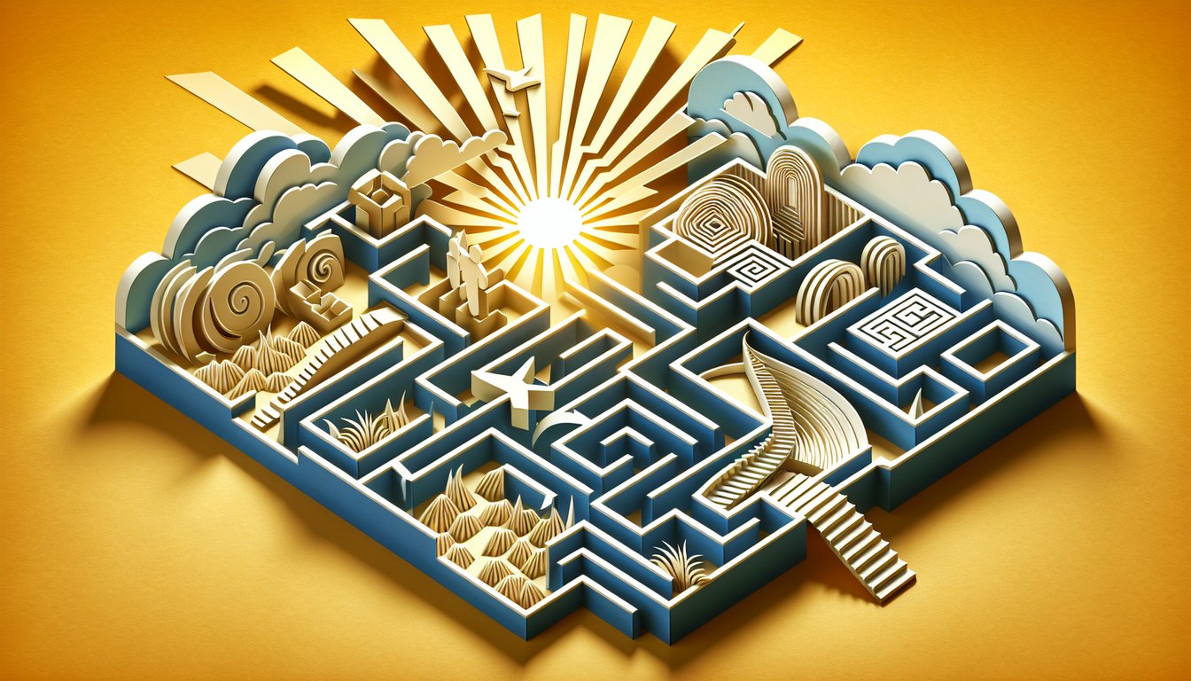Paper art illustration of layered human figure climbing steps against golden yellow background for free self esteem quiz