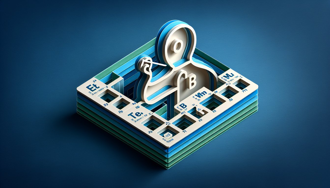Paper art illustration for periodic table quiz on dark blue background