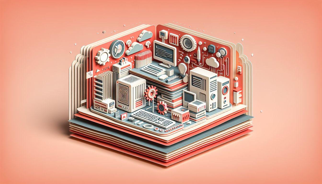 Paper art quiz illustration coral background with computer icons hardware parts software symbols question marks checkboxes