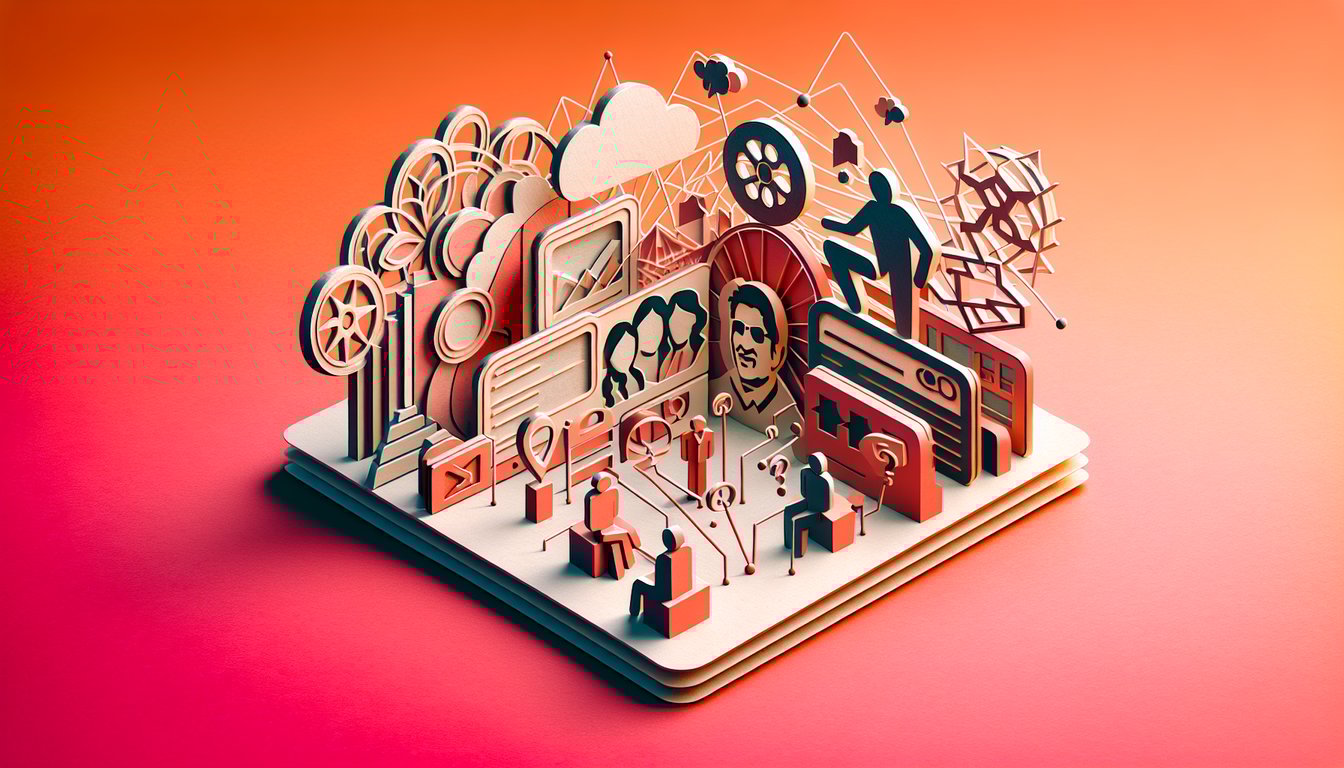 Paper art illustration of Tamil movie quiz featuring film icons website symbols and connection puzzles on coral background