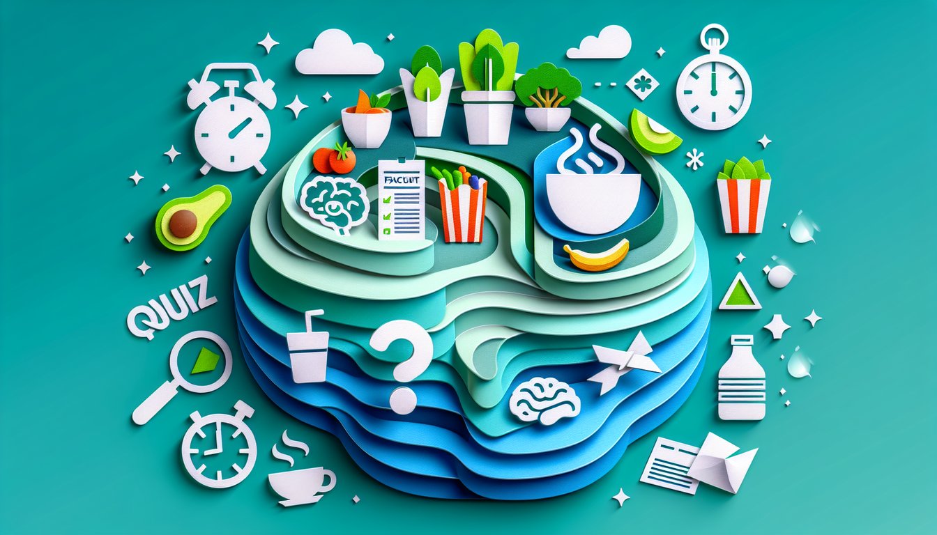 Paper art quiz illustration on factors influencing food choices with food icons and question mark on teal background