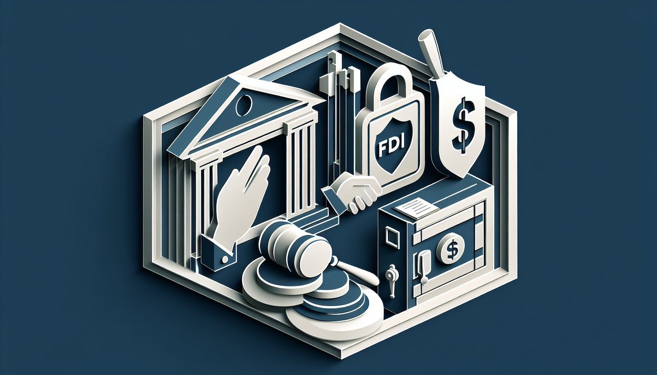 Paper art icons of banknotes coins chart magnifying glass and abbreviations FDI IPO CRR on dark blue background