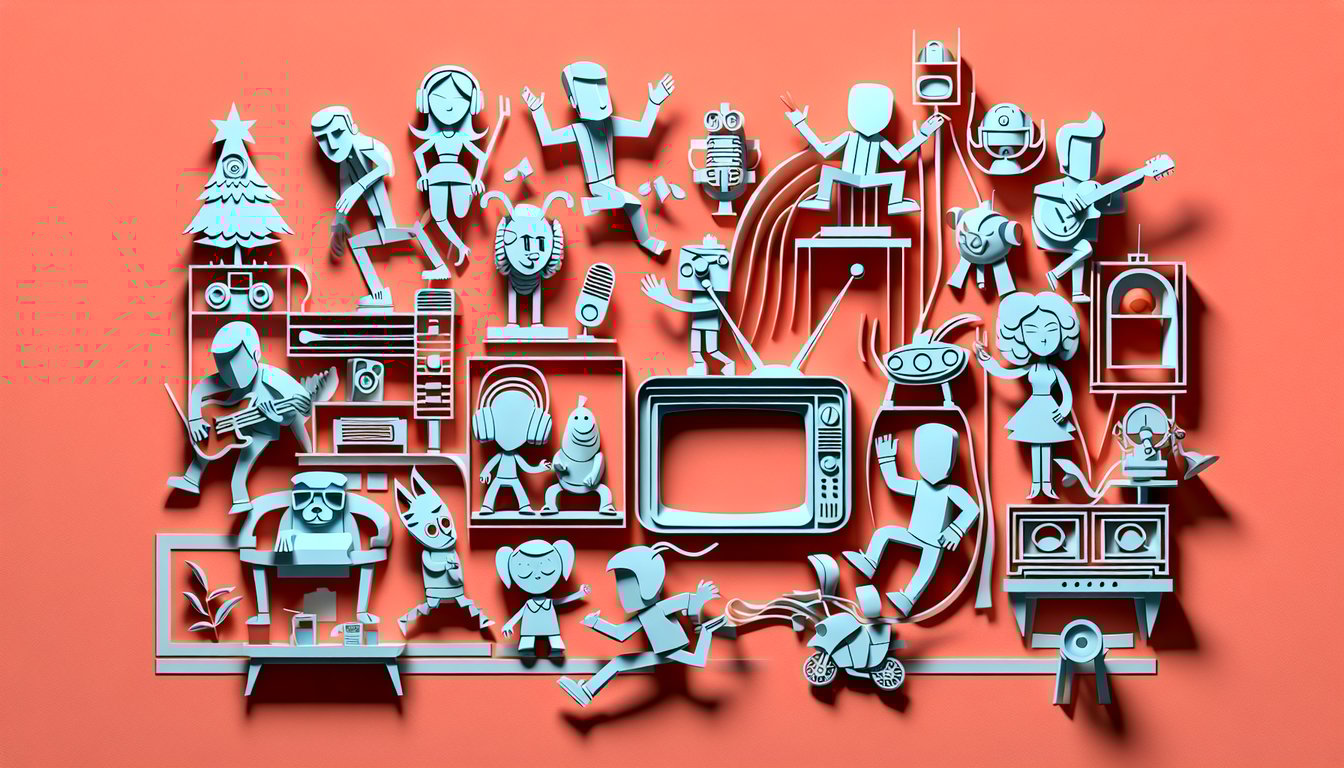 Paper art illustration for Guess the Cartoon quiz on coral background