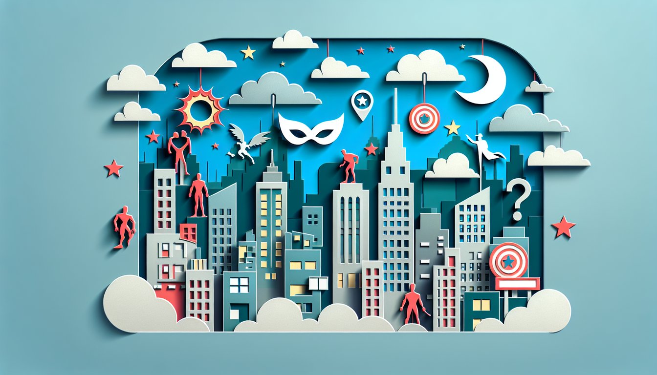 Paper art style Spider-Man quiz icons on sky blue background with fun questions to test your knowledge