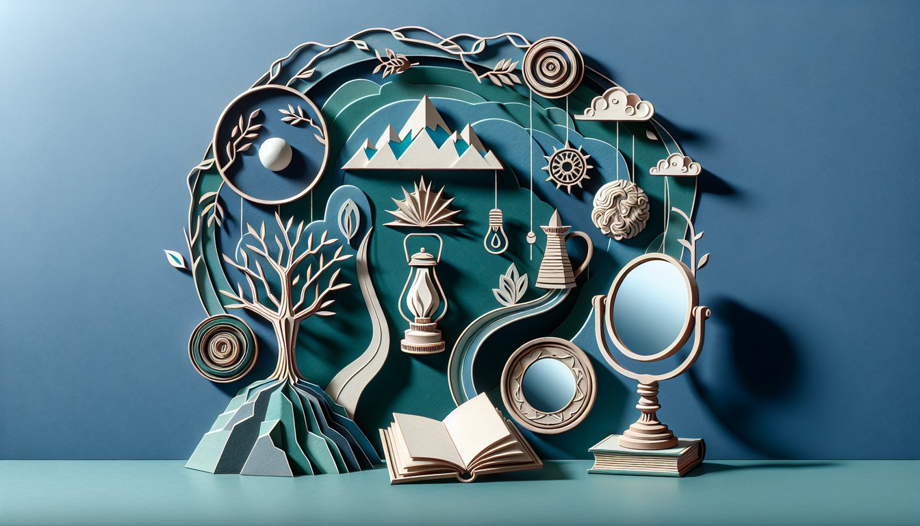 Paper art illustration for a philosophy-guiding life quiz on a dark blue background