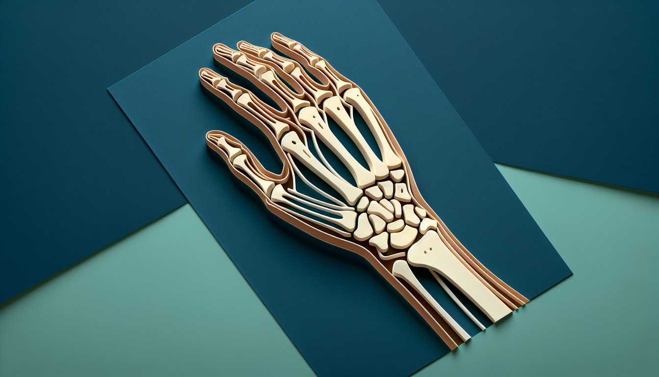 Paper art illustration for carpal bones quiz on dark blue background